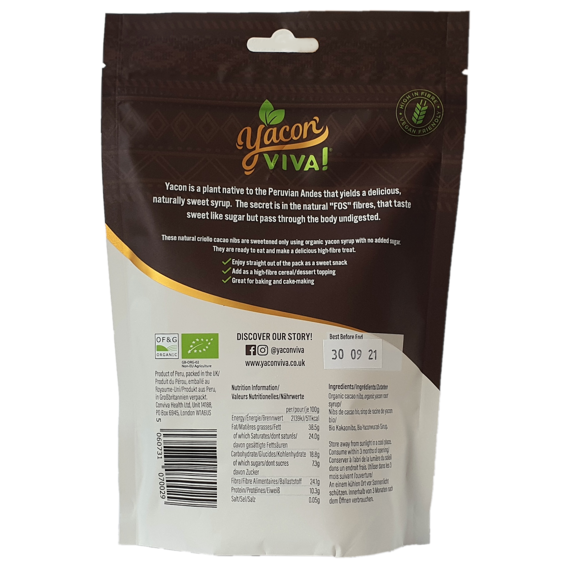 YaconViva! Organic Cacao Nibs Sweetened with Yacon (300g) Default Title